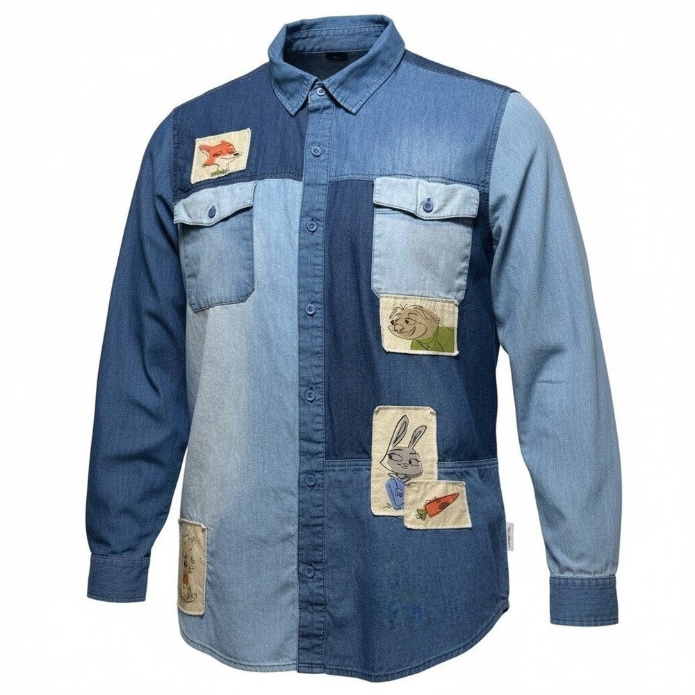Disney Zootopia Patchwork Denim Shirt Blue Colorblock Character Patches Women L
